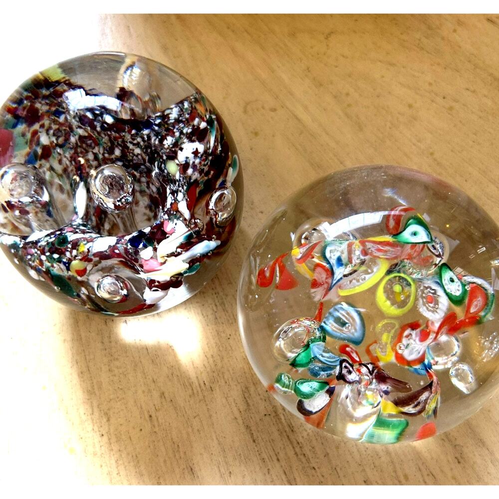 2 Murano Paperweights Bubbles Art Deco Multi Color Floral Glass Vintage